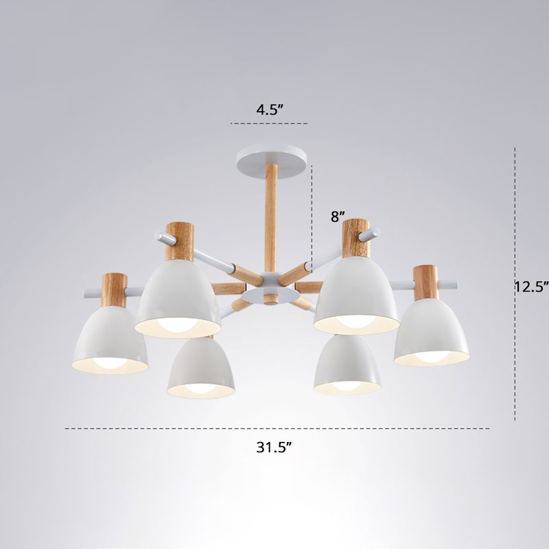 White Bell Suspension Light Fixture Minimalist Metal Chandelier Lamp with Wooden Decor