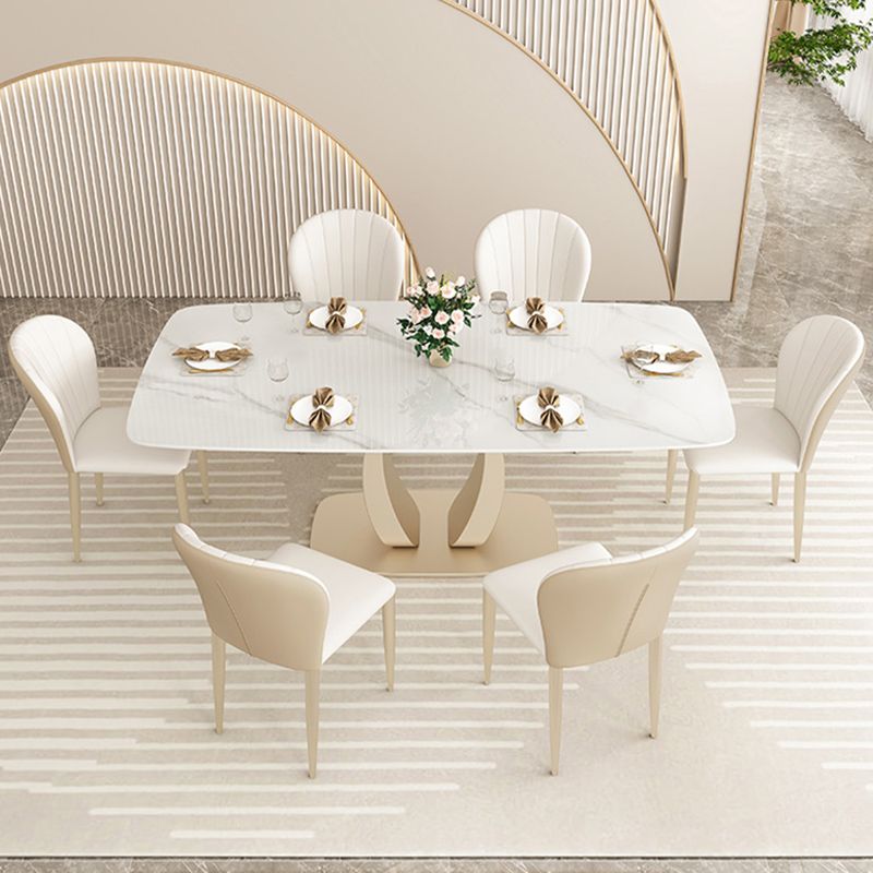 Glam Style Dinner Table Stone Rectangle Dining Room Table in White