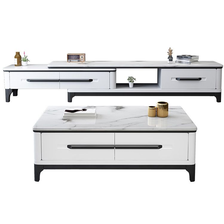White Contemporary Rectangular Marble Coffee Cocktail Table with Storage