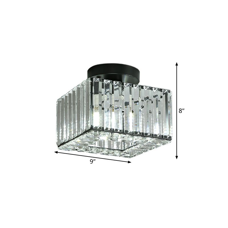 Round/Square Shade Porch Flush Light Fixture Modern Clear Faceted Crystals 1 Head Black Canopy Ceiling Lamp
