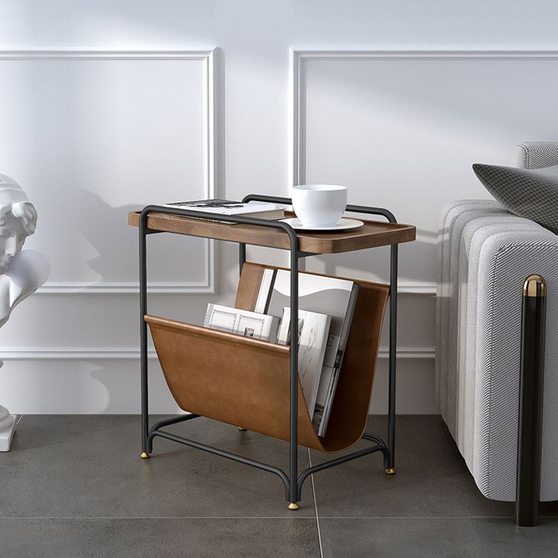 Rectangle Wood Top Side Table Iron Frame End Table with Magazine Holder