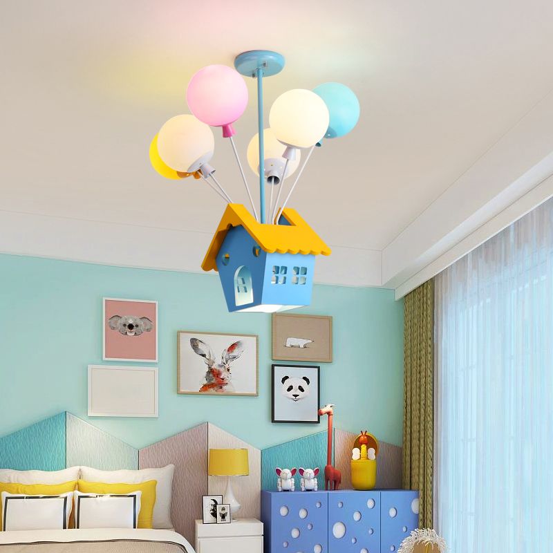 Blue Balloon House Hanging Lamp Cartoon 6 Bulbs Wooden Chandelier with Multi-Colored Glass Shade