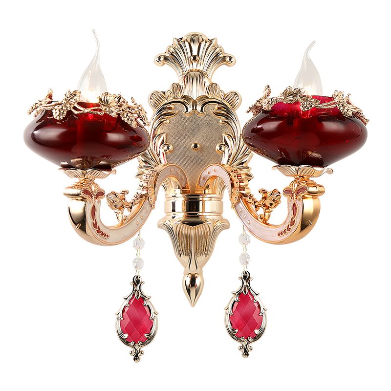 Retro Flameless Candle Wall Lamp 2-Head Burgundy Glass Sconce Lighting Fixture for Dining Room