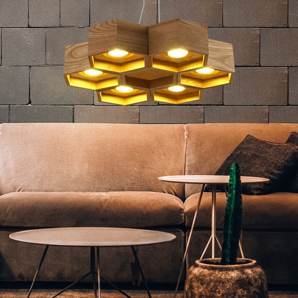 Honeycomb Chandelier Pendant Light Modern Wooden 6-Light Living Room Ceiling Light Fixture