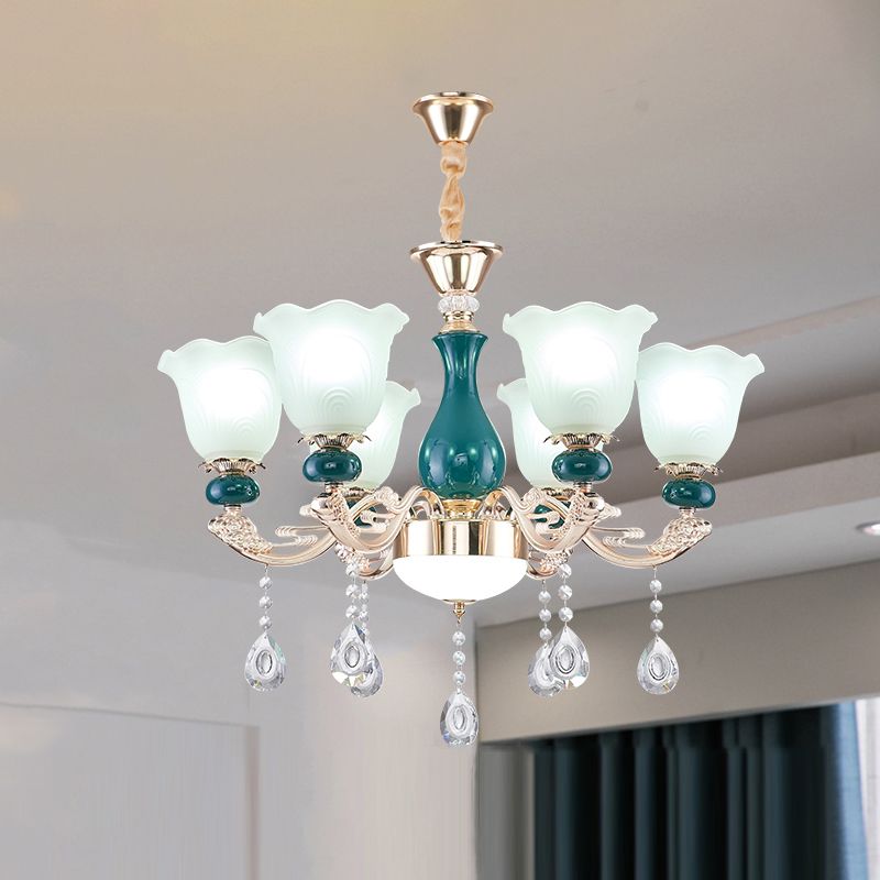 Traditional Ruffle Bell Suspension Light Cream Glass Chandelier Light with Hanging Crystal in Green