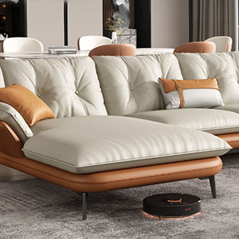 Modern Wood Frame Genuine Leather Flared Arm Sofa with Tufted Back