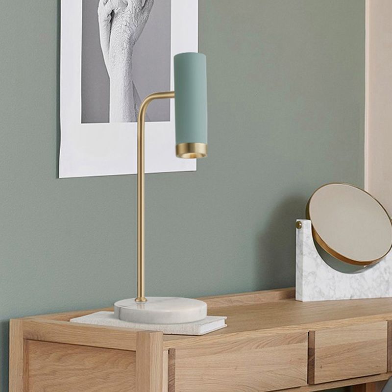 White/Blue Tube Night Lamp Minimalism 1-Light Marble LED Nightstand Light with Metal Shade for Living Room