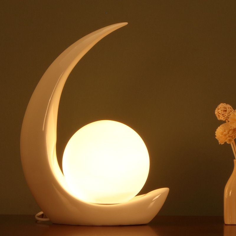 Crescent Resin Night Lamp Nordic 1 Bulb Table Light with Spherical Milky Glass Shade