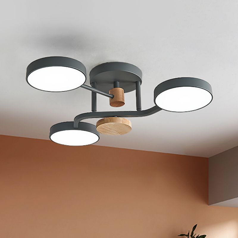 Round Semi Flushmount Lighting Macaron Metallic LED Bedroom Flush Mount Lamp Fixture in Grey/White/Green with Curved Arm