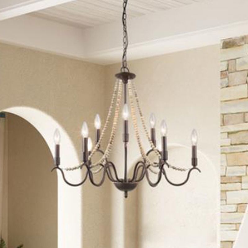 9-Light Suspension Light Retro Style Beaded Wood Chandelier Light with Metallic Candle in Rust