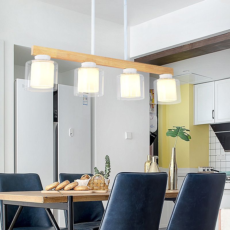 Modern 4-Light Wooden Island Lighting Design with Clear Glass Shade