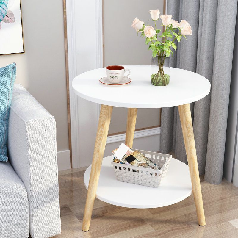 3 Legs End Table Wood White/Natural Round Side Table for Living Room
