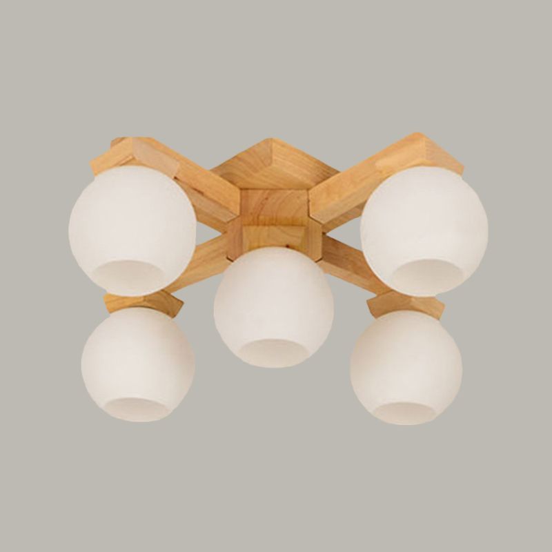 Holz Global Semi Flush Mount Asian 5 Lampen weiße gefrostete Glasspülende Decke Leuchte