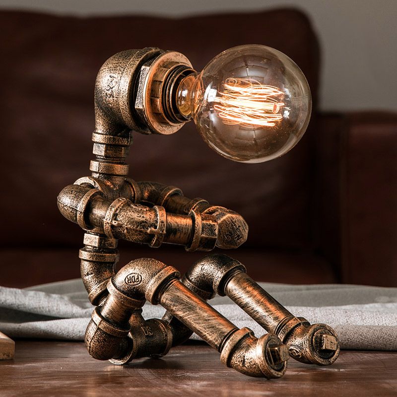 1-Light Pipe Robot Table Lamp Industrial Antiqued Bronze Metal Night Stand Light for Bedroom
