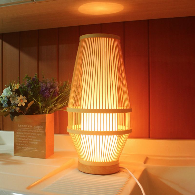 Basket Bamboo Desk Lamp Japanese 1 Head Beige Task Light with Inner White Tubular Shade
