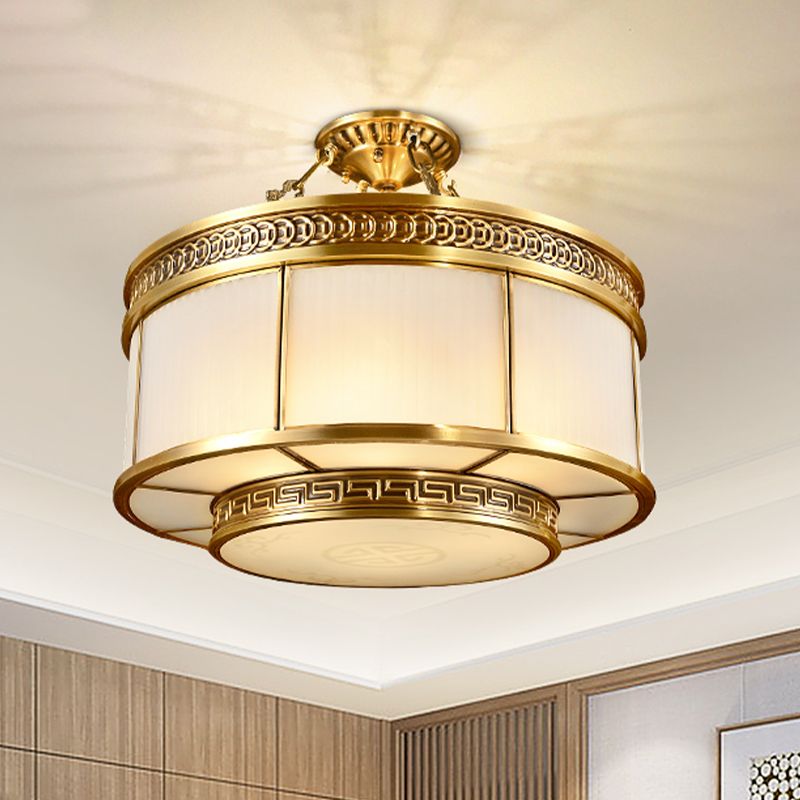 Halo chambre à coucher éclairage colonial verre laiteux 6 ampoules en or semi-luminaire luminaire