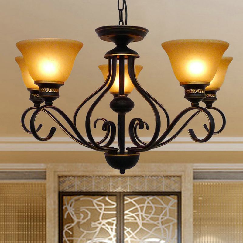 5 Lights Beige Frosted Glass Hanging Chandelier Traditional Black Bell Corridor Pendant Light Fixture