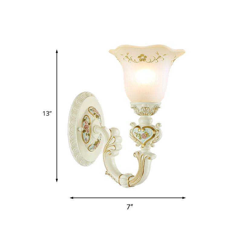 1-Light Wall Mount Lamp Retro Flower Frosted Glass Sconce Light with Carved Arm in White for Porch