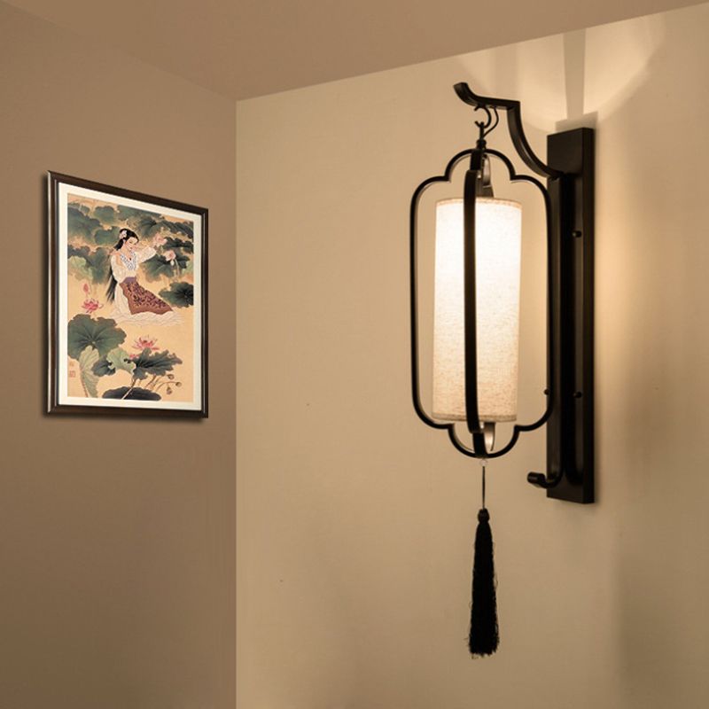 14.5"/16" Wide 1 Light Cylinder Wall Lighting Idea Classic Black Fabric Sconce Light Fixture for Corridor