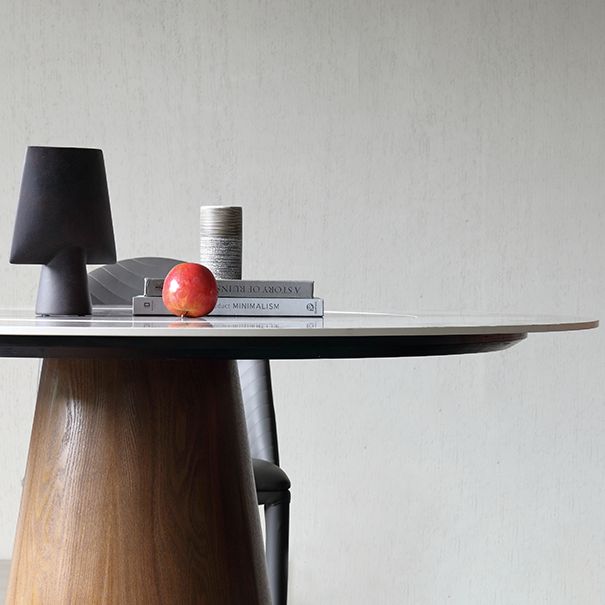 Stone Top Dining Table Modern Round Dining Table with Wood Pedestal Base without turntable