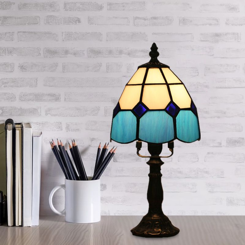 Dome Night Light Mission Stained Art Glass 1 Head Beige/Yellow/Orange Grid Patterned Nightstand Lighting for Bedroom