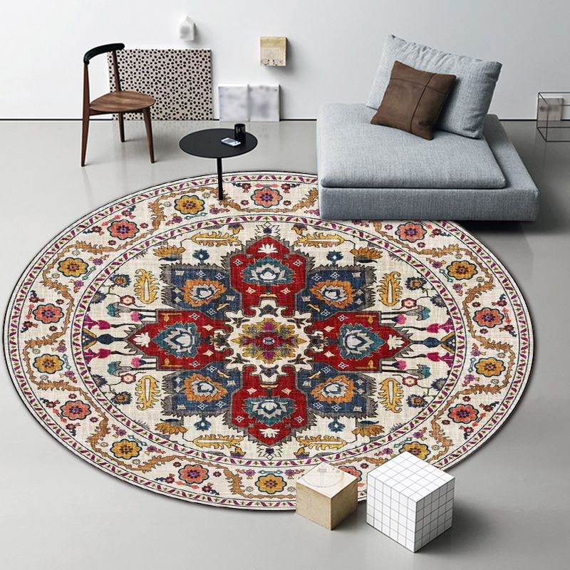 Classic Medallion Pattern Rug with Floral Blue and Red Tribal Rug Polyester Washable Anti-Slip Backing Area Rug for Living Room