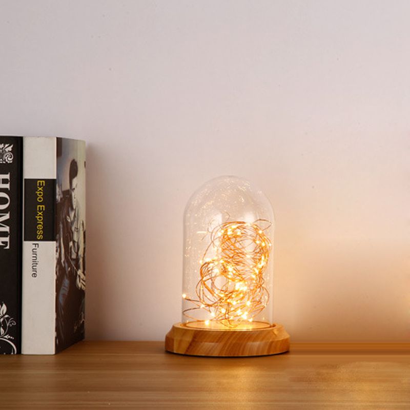 Lámpara moderna de la mesa nocturna LED BEIGE BEGE Bell Lámpara de escritorio con sombra de vidrio transparente, base de madera