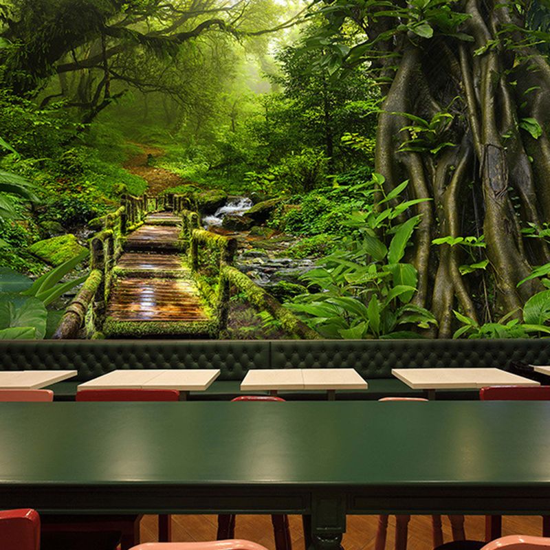 Green Contemporary Wall Art Personalized Size Deep Forest Mural Wallpaper for Dining Room