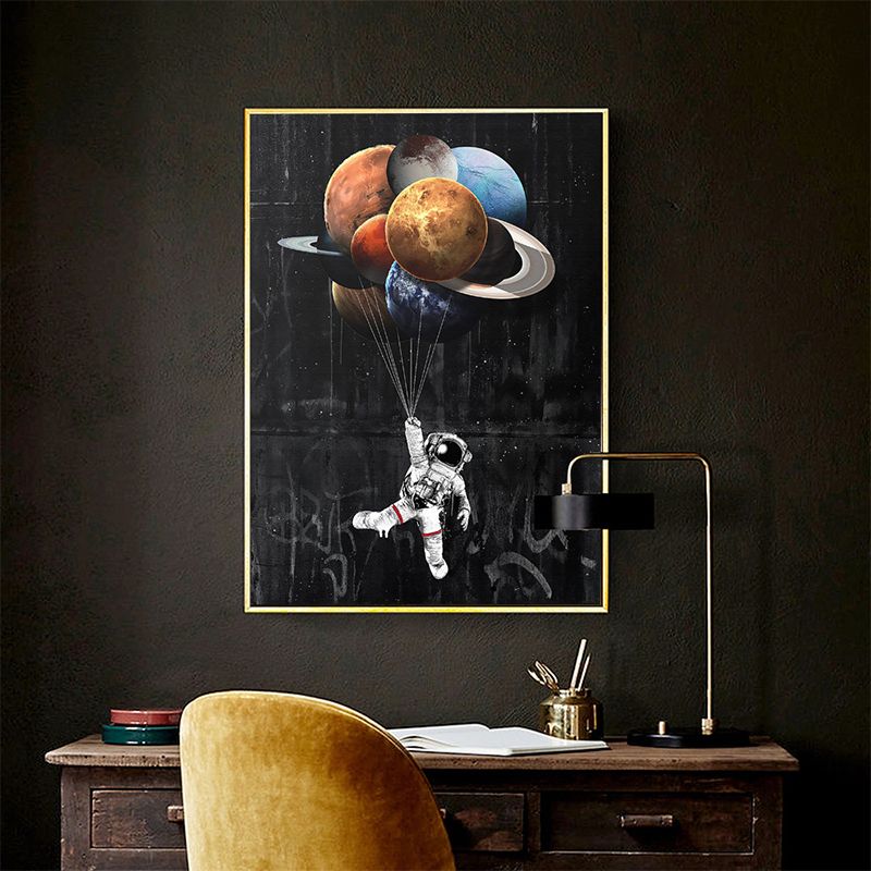 Black Universe Canvas Print Kids Style Spaceman with Planet Balloons Wall Art Decor