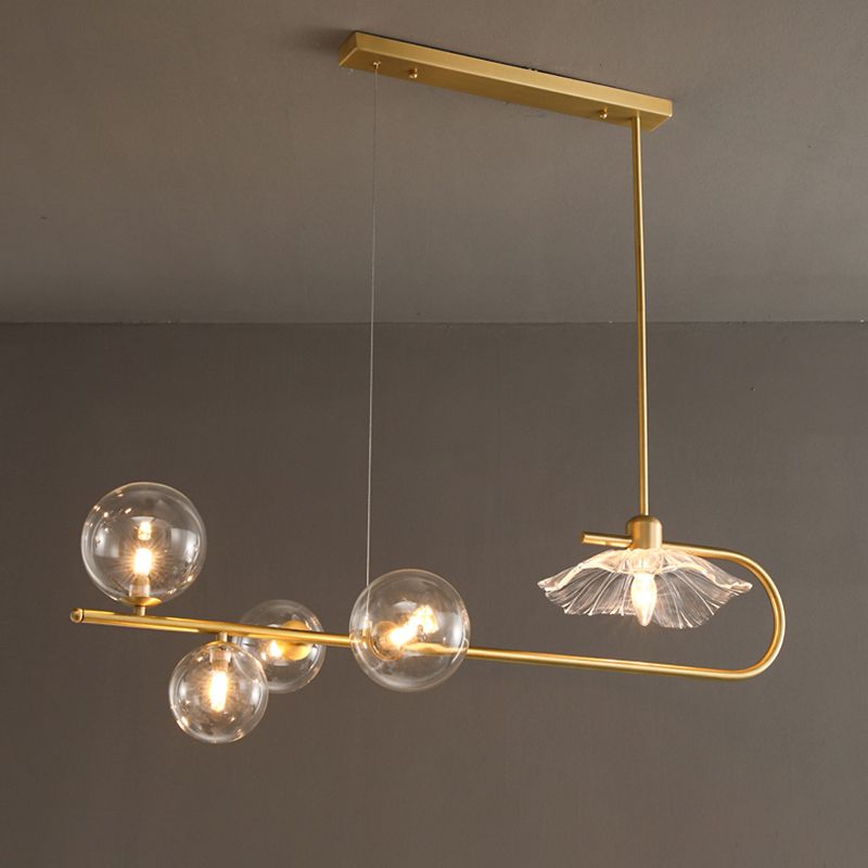 Creative Postmodern Suspension Lamp Brass Finish Ball and Lotus Leaf Island Light with Glass Shade