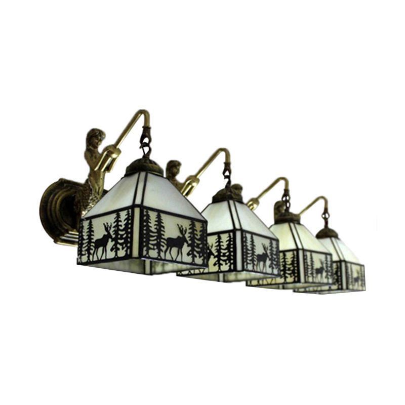 Rustic Style Lodge Wall Light with Forest Deer 4 Lights Art Glass Wall Sconce in Beige with Mermaid for Cafe