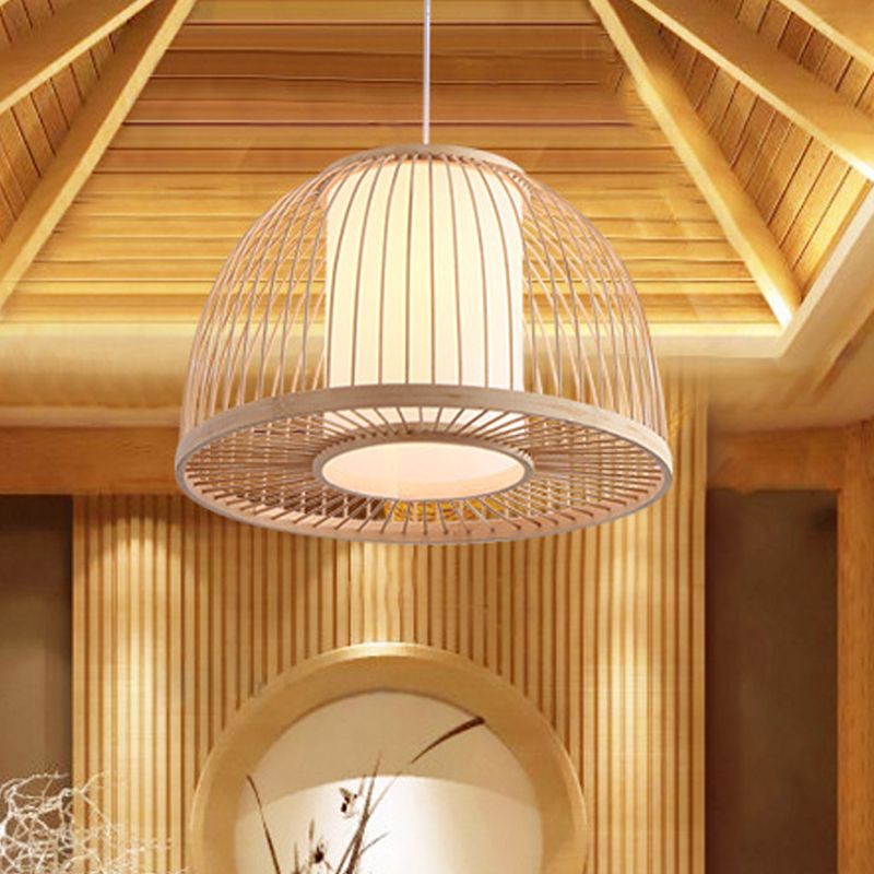 Domed Pendant Light Asian Bamboo 1 Bulb 14"/16" Wide Wood Suspended Lighting Fixture