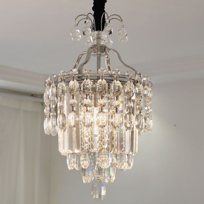 Faceted Cut Crystal Chrome Hanging Lamp Layered 3 Bulbs Modern Chandelier Pendant Light