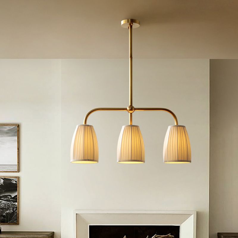 3/6 Bulbs Hanging Chandelier Rural Dress Shaped Pleated Fabric Pendant Ceiling Light in Gold over Dining Table