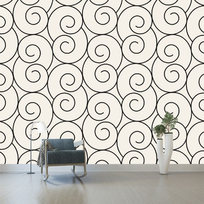 Minimalist Spiral Seamless Wall Murals in Black-White Stain Resistant Wall Decor for Bedroom