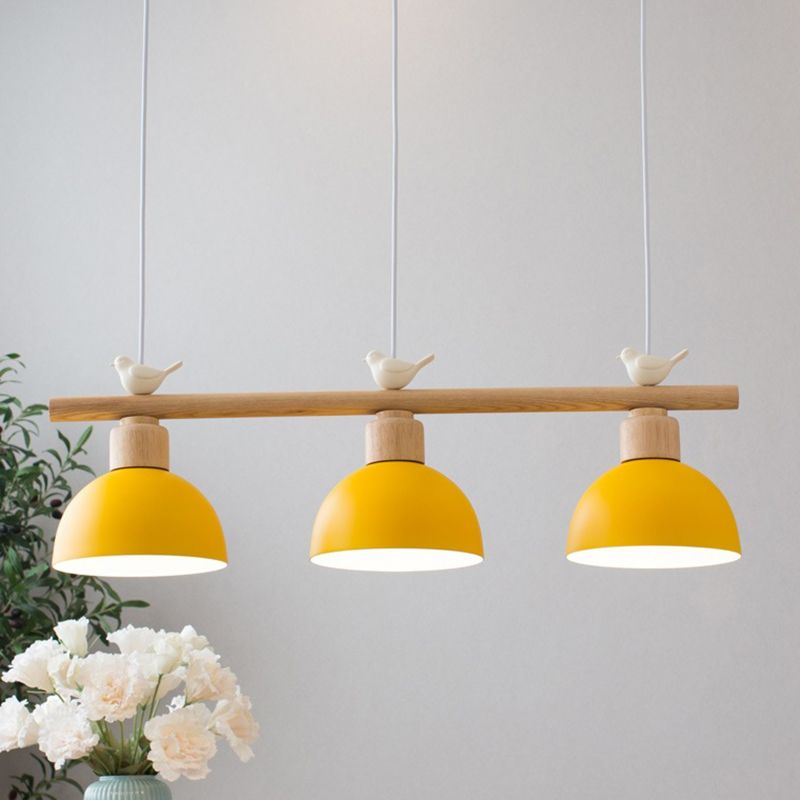 3 Lights Island Pendant Macaron Bowl Metal Pendant with Wood Electric Light Socket