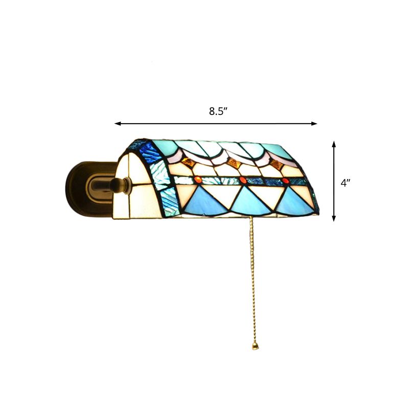 Mediterranean Banker Lamp with Pull Chain Stained Glass 1 Light Wall Sconce in Blue