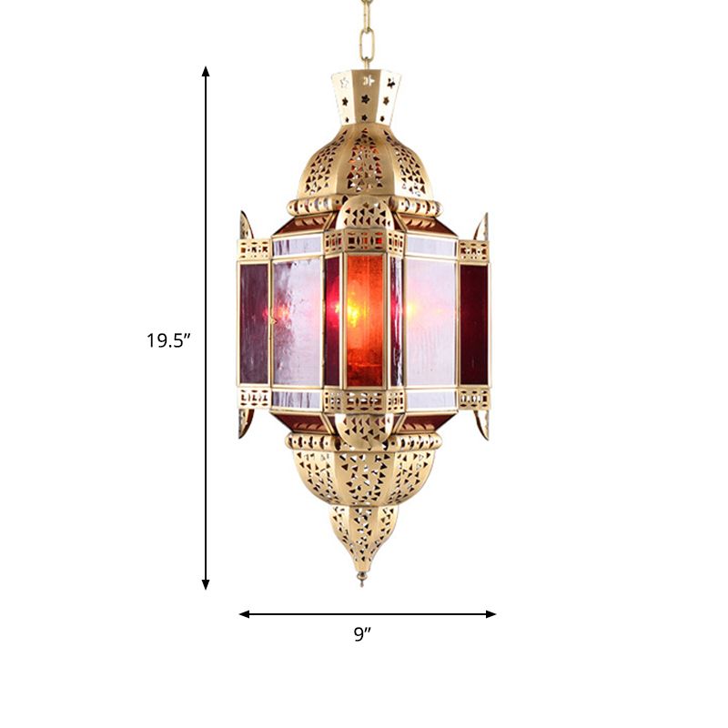 1 Light Pendant Lamp Arab Lantern Metal Ceiling Hang Fixture in Brass with Hollow-Out Design