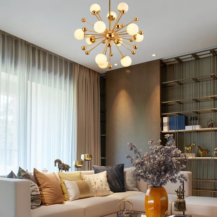 Golden Dandelion Chandelier Minimalist 12-Light Cream Glass Pendant Light for Living Room