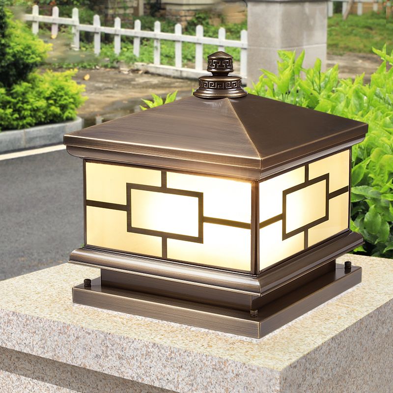 Square Shape Waterproof Pillar Lamp Modern Metal Outdoor Lights in Bronze