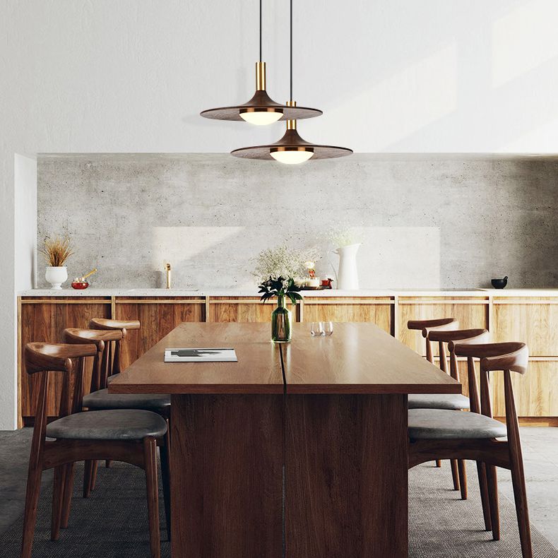 Wide Flared Walnut Wood Suspension Lamp Minimalist Dark Brown LED Pendant Lighting Fixture
