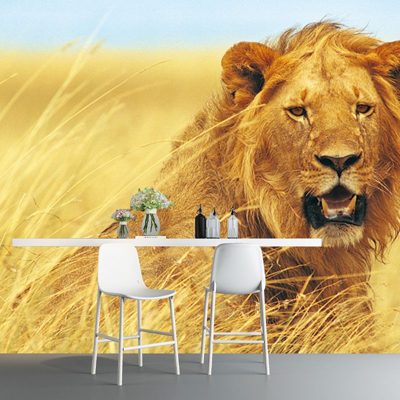 Non-Woven Washable Mural Contemporary Lion Pattern Wall Decoration in Yellow for Home