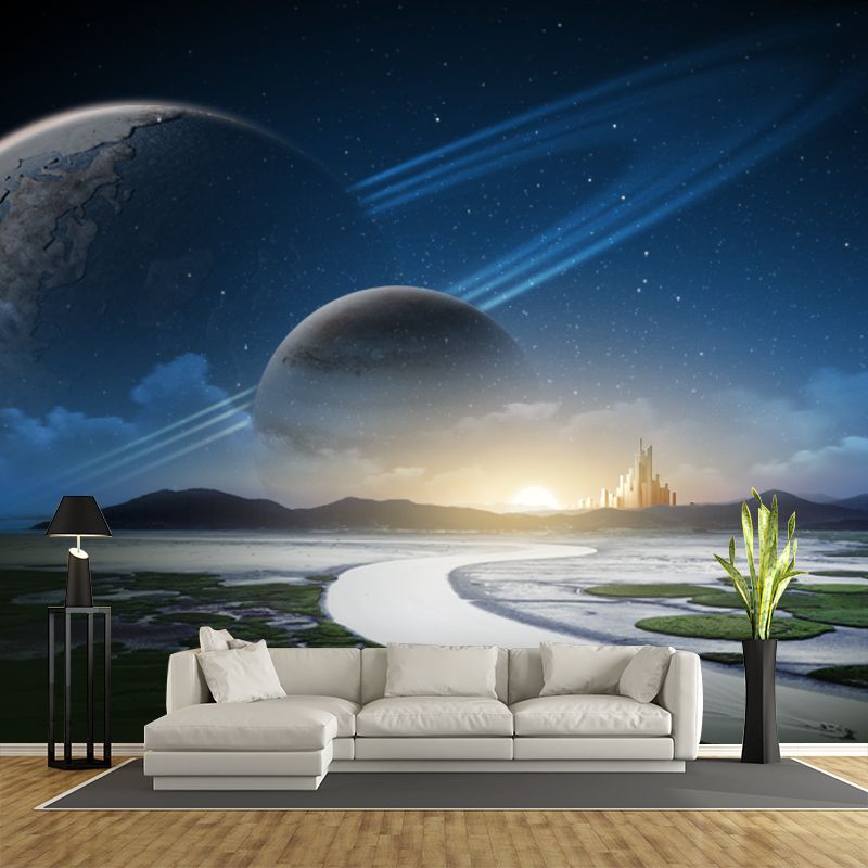 Aqua Sunrise River Scenery Mural Orbital Planet Sci-Fi Moisture Resistant Wall Decor