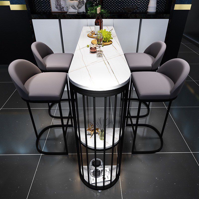 White Stone Industrial Indoor Bar Dining Table Double Pedestal Bistro Table with Shelve