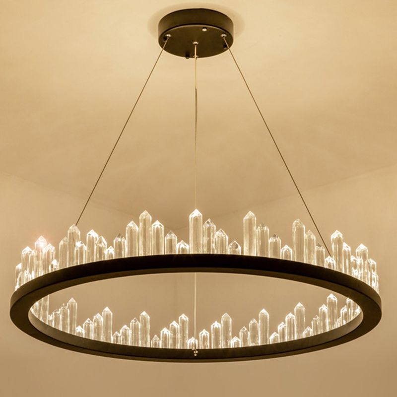 Black Circular LED Pendant Light in Modern Luxury Style Wrought Iron Hanging Lamp with Crystal Shade