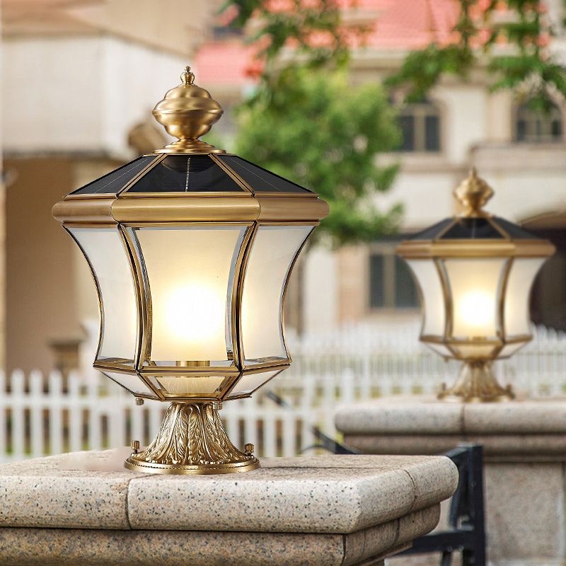 Metal Drum Shape Outdoor Lights Modern Style 1 Light Solar Pillar Lamp in Brass