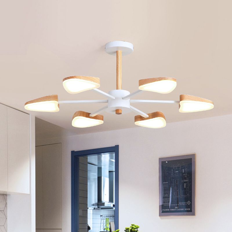 Burst LED Semi Flush Mount Nordic Wood 6 Heads White Ceiling Mount Chandelier with Triangle Shade