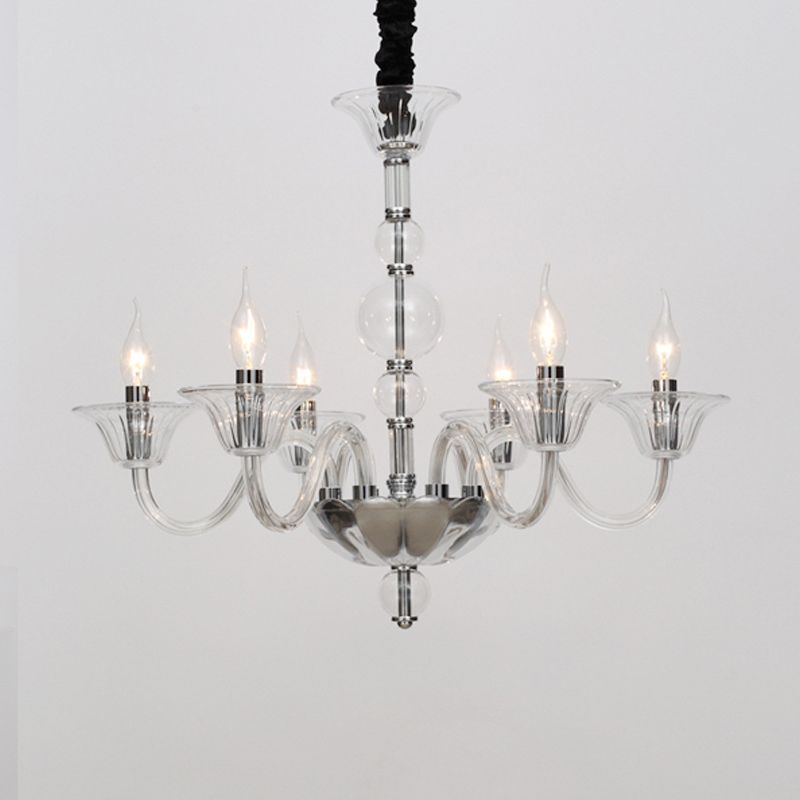 Vintage Curvy Arm Chandelier Lighting 6 Heads Clear/White/Black Glass Hanging Pendant Lamp in Chrome for Living Room