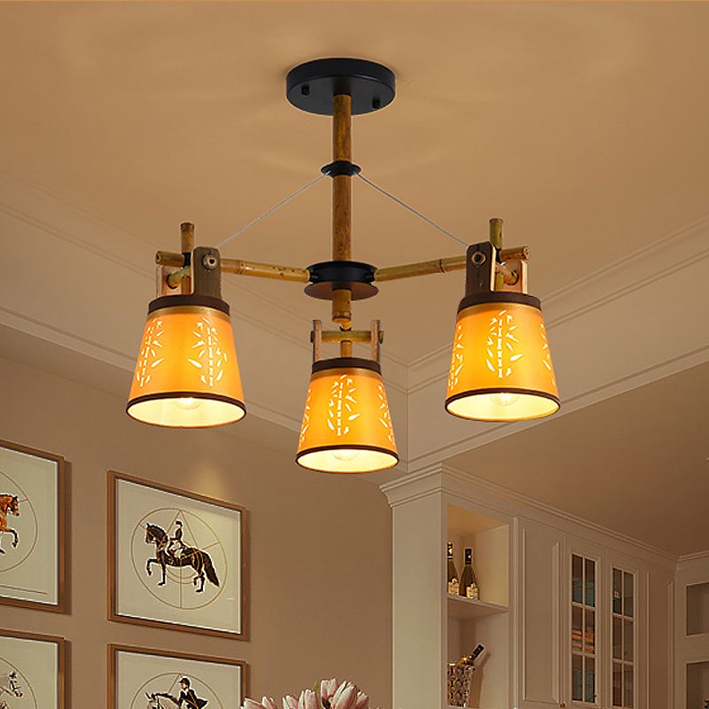 Taps toelopende stof kroonluchter landstijl 3/6/8 bollen woonkamer hangende lampkit met houten plankontwerp