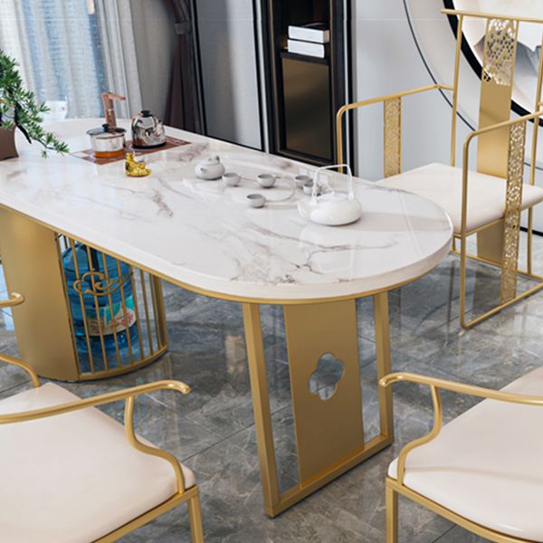 Traditional Luxury Oval Dining Table Sintered Stone Table with Gold Double Pedestal for Dining Room